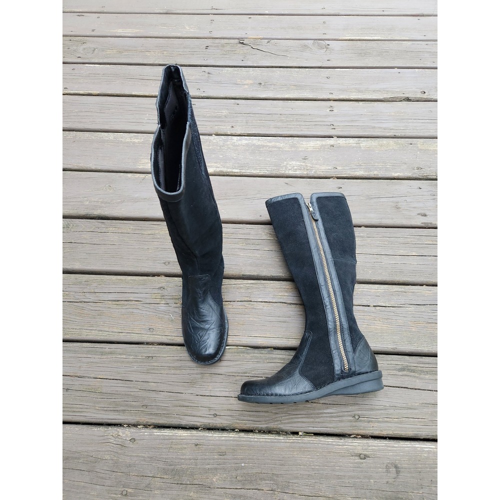 Clarks Knee High Boots Black Leather Suede Mixed Media Zip Tall 8M